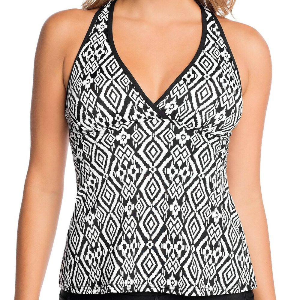 Swim Solutions Sport Printed Racerback Tankini Top Black/White Size 12